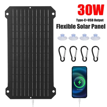 30W Solar Panel Portable Monocrystalline USB Type-C Output Outdoor Charger Power Bank for Camping Mobile Phone Tablet Camera
