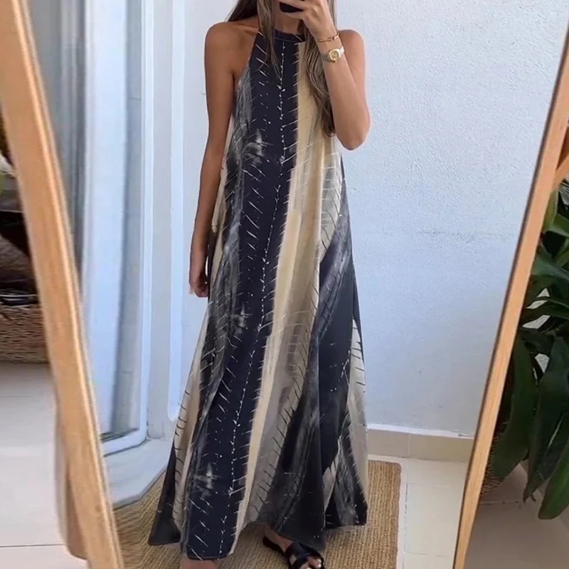 

Sexy Hollow Backless Printed Long Dress Summer Vintage Women's Halter Bohemian Dress Summer Beach Loose Sleeveless Robe Dresses