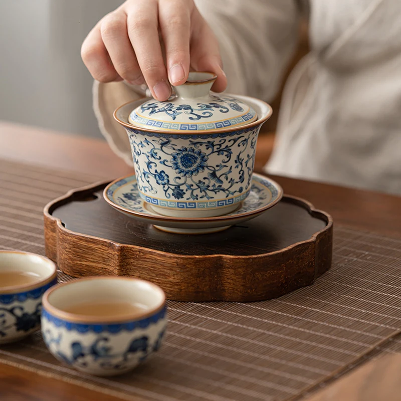 Ceramics Blue and White Ru Kiln Cracked Glaze Gaiwan Teacup Saucer Lid Porcelain Gaiwan Travel Cover Bowl 180ml