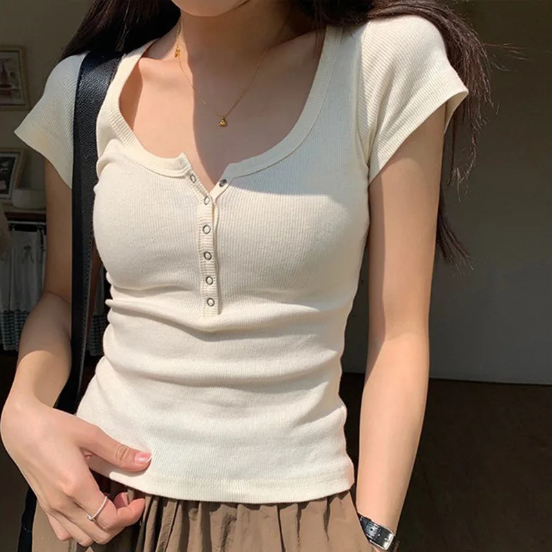 

Ribbed Cotton Women's T-Shirts Korea Stylish Base Layering Tops with Button Elegant Casual Chic Female Blouse Outfits C5438