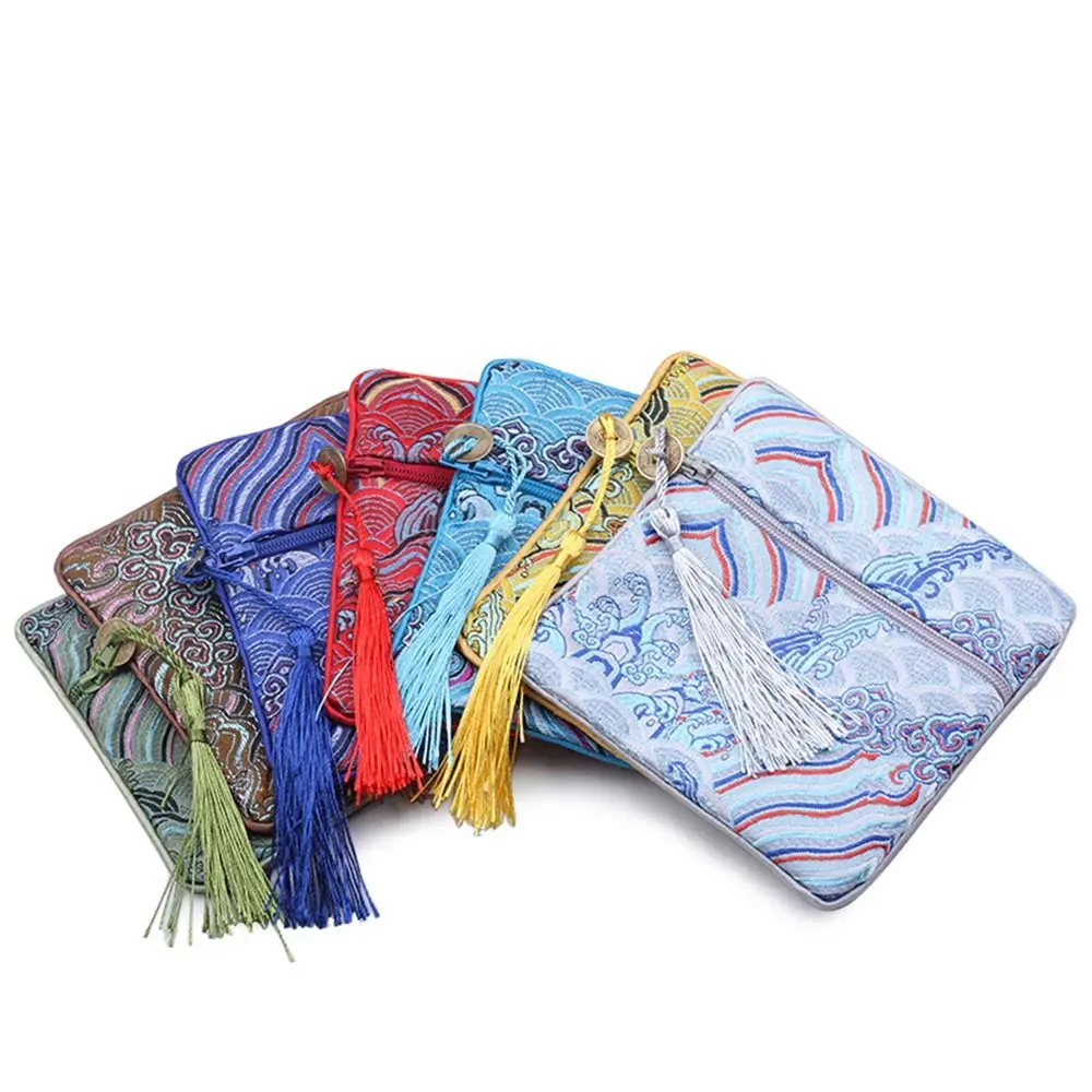 

Chinese Style Silk Jewelry Organizer Coin Purse Sea Wave Pattern Brocade Pouch Zipper Bag Embroidery Jewelry Storage Bag