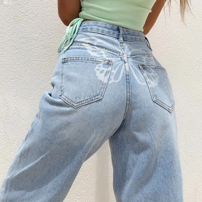 Women Streetwear Hip Butterfly Print Casual High Waist Mom Denim 90s Indie Oversize Y2k Harajuku Fashion Baggy Straight Jeans