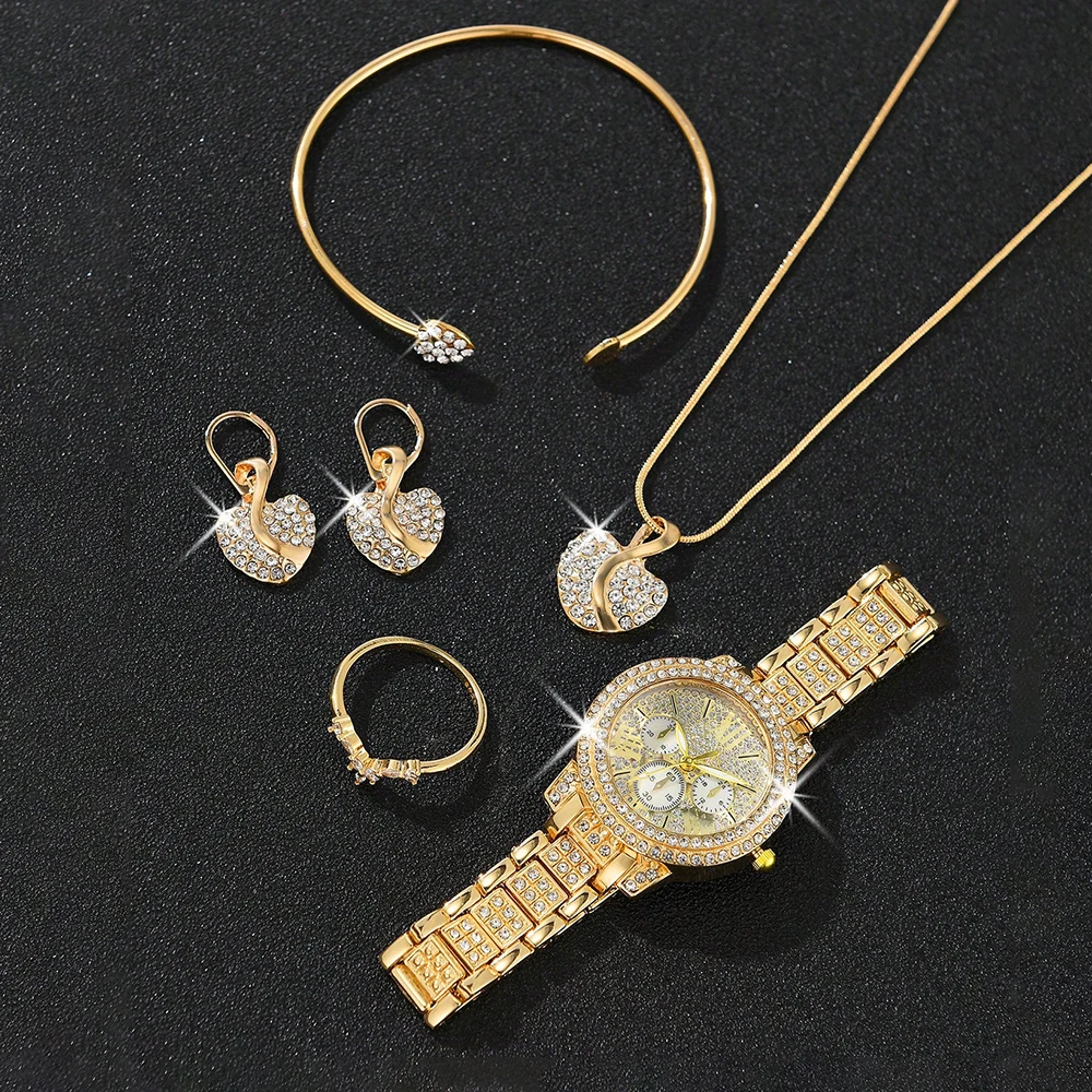 Ladies Watch 6pcs/Set Women's Fashion Heart Necklace Earings Bracelet Rings Jewelry Set Shaped Rhinestone Quartz Watch Set Watch 4