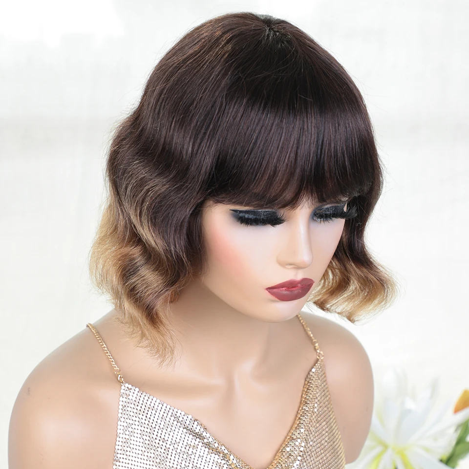 

Short Pixie Bob Cut Human Hair Wigs With Bangs Loose Deep Glueless Wig Highlight Honey Body Wave Blonde Colored Wigs For Women