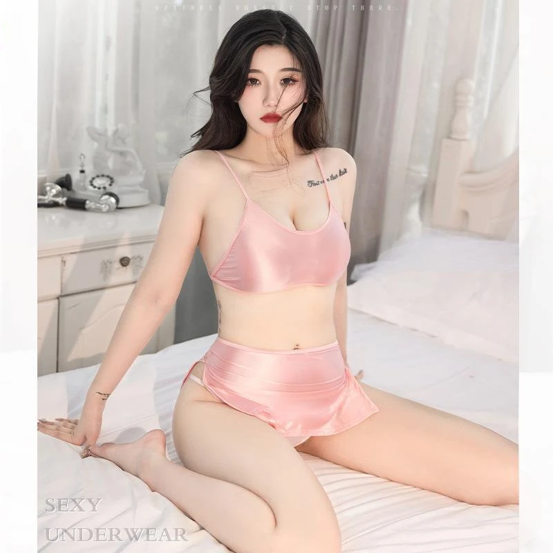 

Lingerie Suit Women Sexy Shiny Glossy Top High Forked Mini Skirts Suit See-Through Underwear Night Club Fantasy Erotic Wear