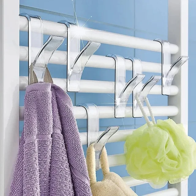 Clips de cintre de salle de bain, supports de rangement, cintre blanc transparent, pour serviettes chauffantes, Rail de radiateur, vêtements, écharpe, support de crochets 4