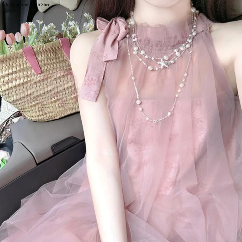 

2024 Summer New Elegant Sweet Exquisite Printed Mesh Women's Backless Dress Elegant Birthday Party Seaside Dress A-line Skirt