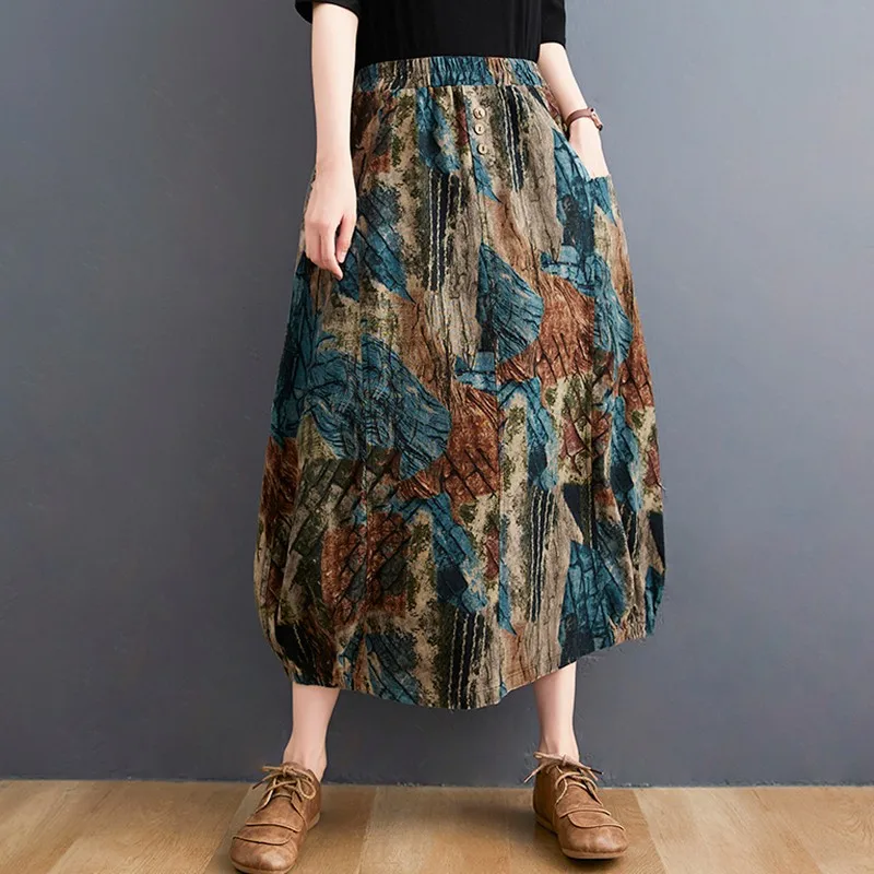 

Юбка Женская Повседневная трапециевидная с высокой талией, свободная Удобная длинная юбка с цветочным принтом в винтажном стиле, B3734, лето 2024