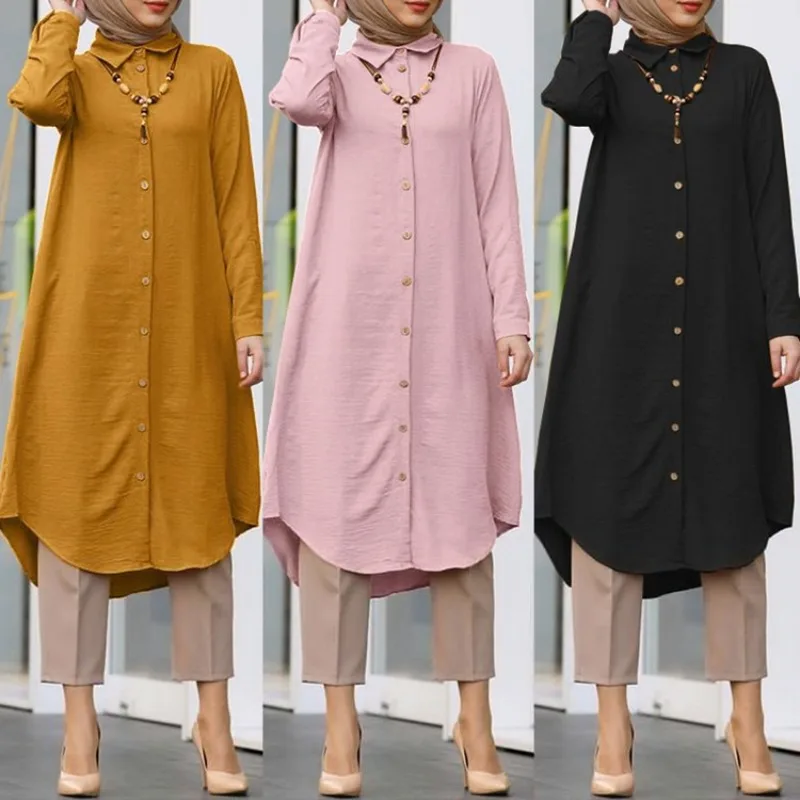 

Islam Abaya Kaftan Muslim Women's Lapels Casual Robe Femme Musulmane Button Long Sleeve Shirt Women's Dress for Middle East Arab