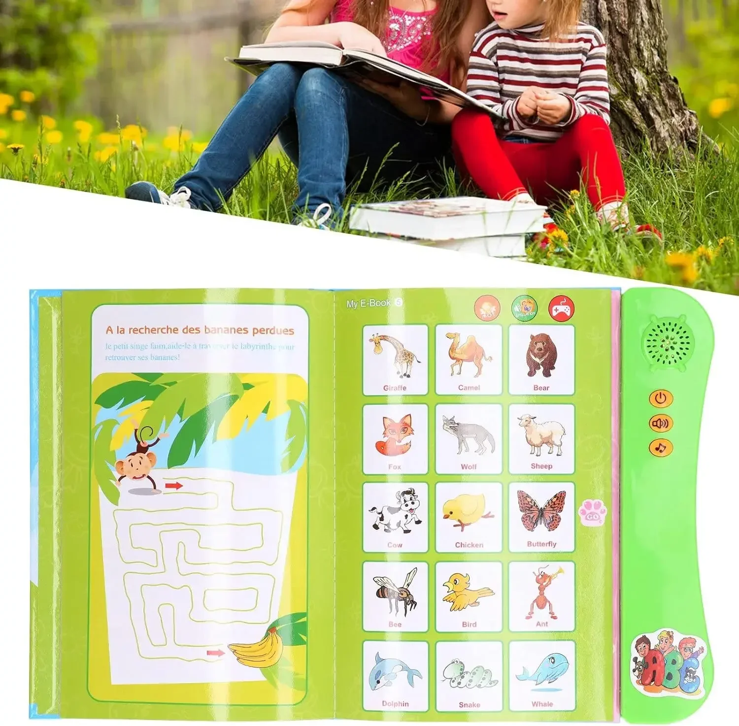 French and English Learning Sound Book Cartoon Pattern Interactive Sound Book Home Birthday Gift Green 2