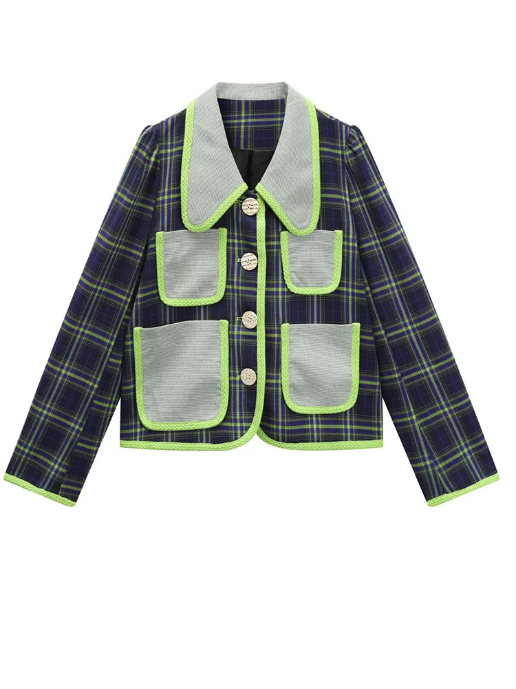 

England Style Turn-down Collar Long Sleeve Outerwear Multi-pocket Plaid Jacket Loose Beautiful Tops 2022 Autumn H498