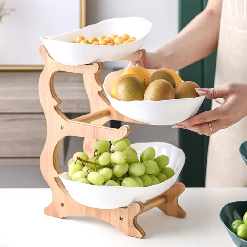 Three-Tier Wooden Tabletop Fruit and Snack Stand with Partitioned Plates