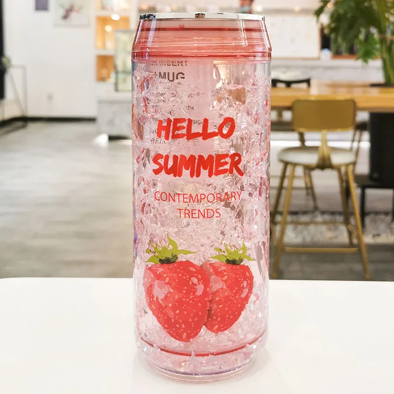 Crack Style Refrigerator Ice Cup Cans Plastic Reusable Cup Double-Layer Plastic Water Bottle With Straw