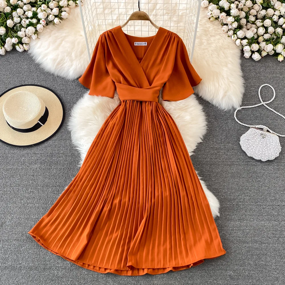 Women Elegant Pleated Dress Summer Short Sleeve V-neck Vintage Dresses Ladies A Line High Waisted Midi Dress
