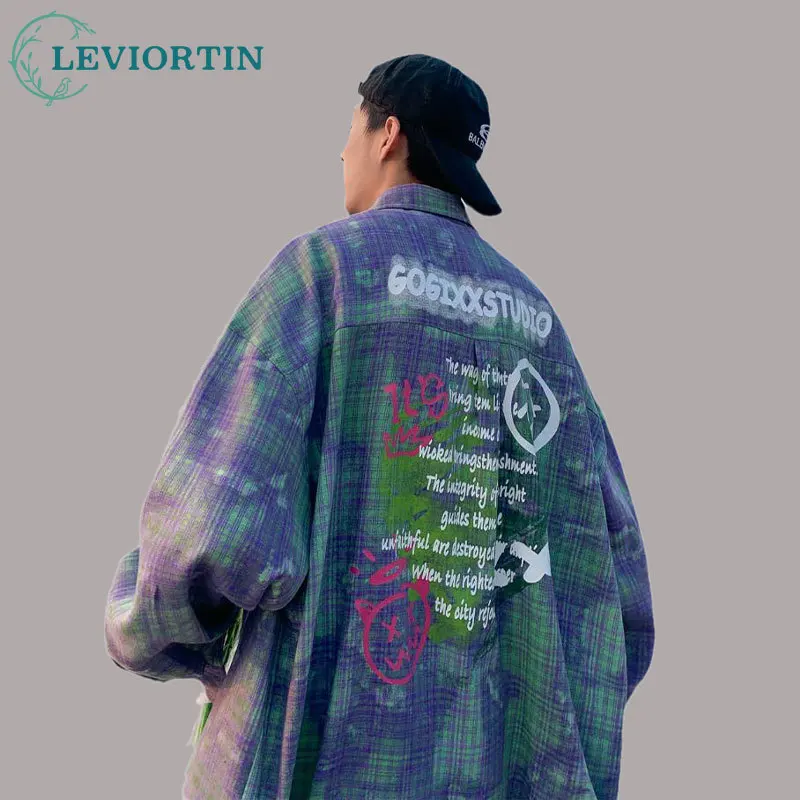 

Autumn Cotton Long Sleeve Shirt Men Vintage Streetwear Painting Graffiti Graphic Hip Hop Harajuku Checkered Loose Casual Shirts