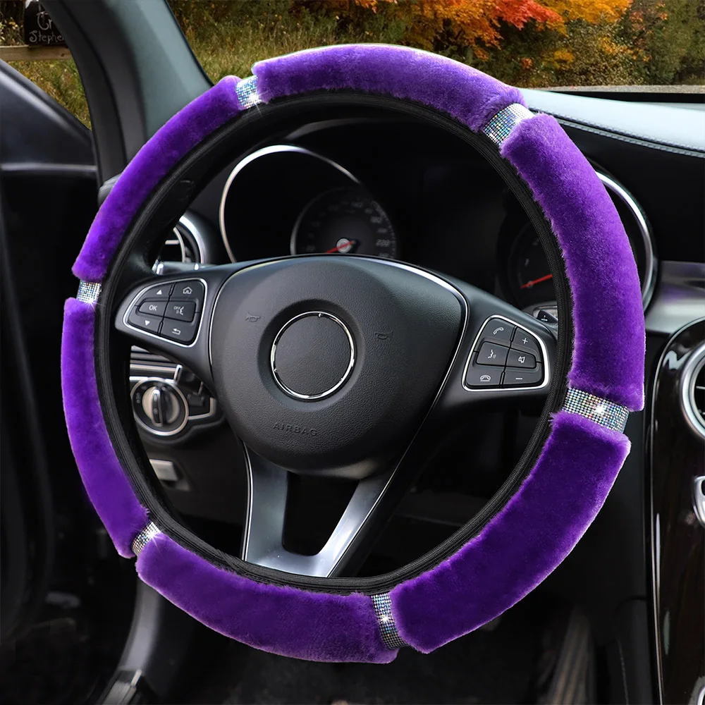 37-38cm Soft Car Steering Wheel Cover Plush Rhinestone