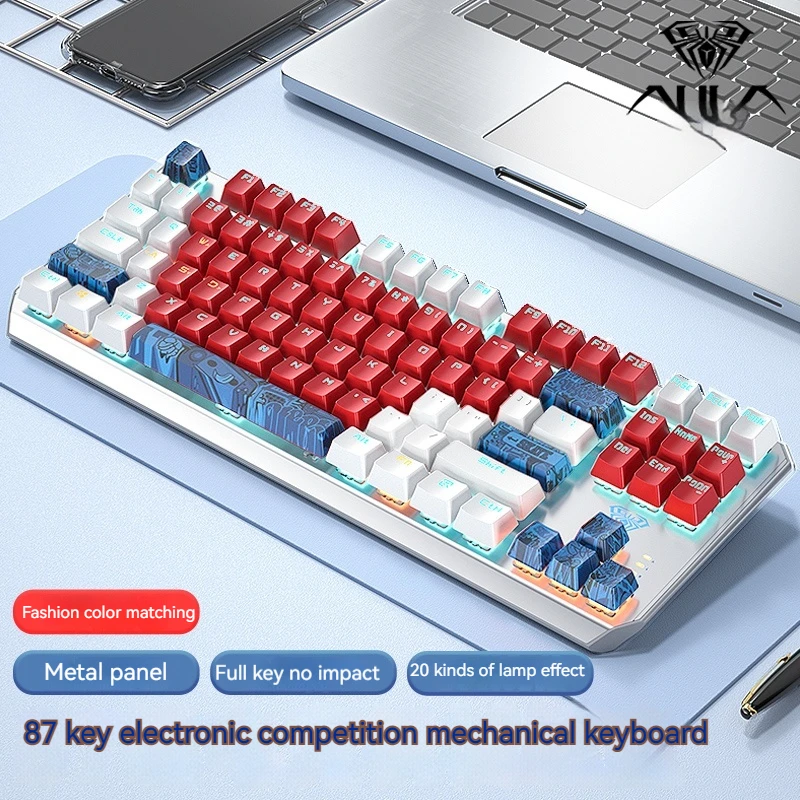 

New Aula F3087 Mechanical Keyboard Double Three Mode E-sports Game Office Multimedia Function Key Ergonomic Metal Panel Keyboard