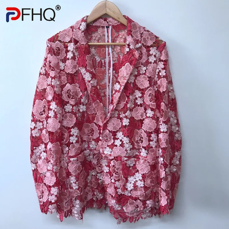 

PFHQ Long Sleeve Hollow Out Loose Embroidery Causal Blazers For Men Single Breasted Men's Coat 2023 Summer New Tide 21F3974