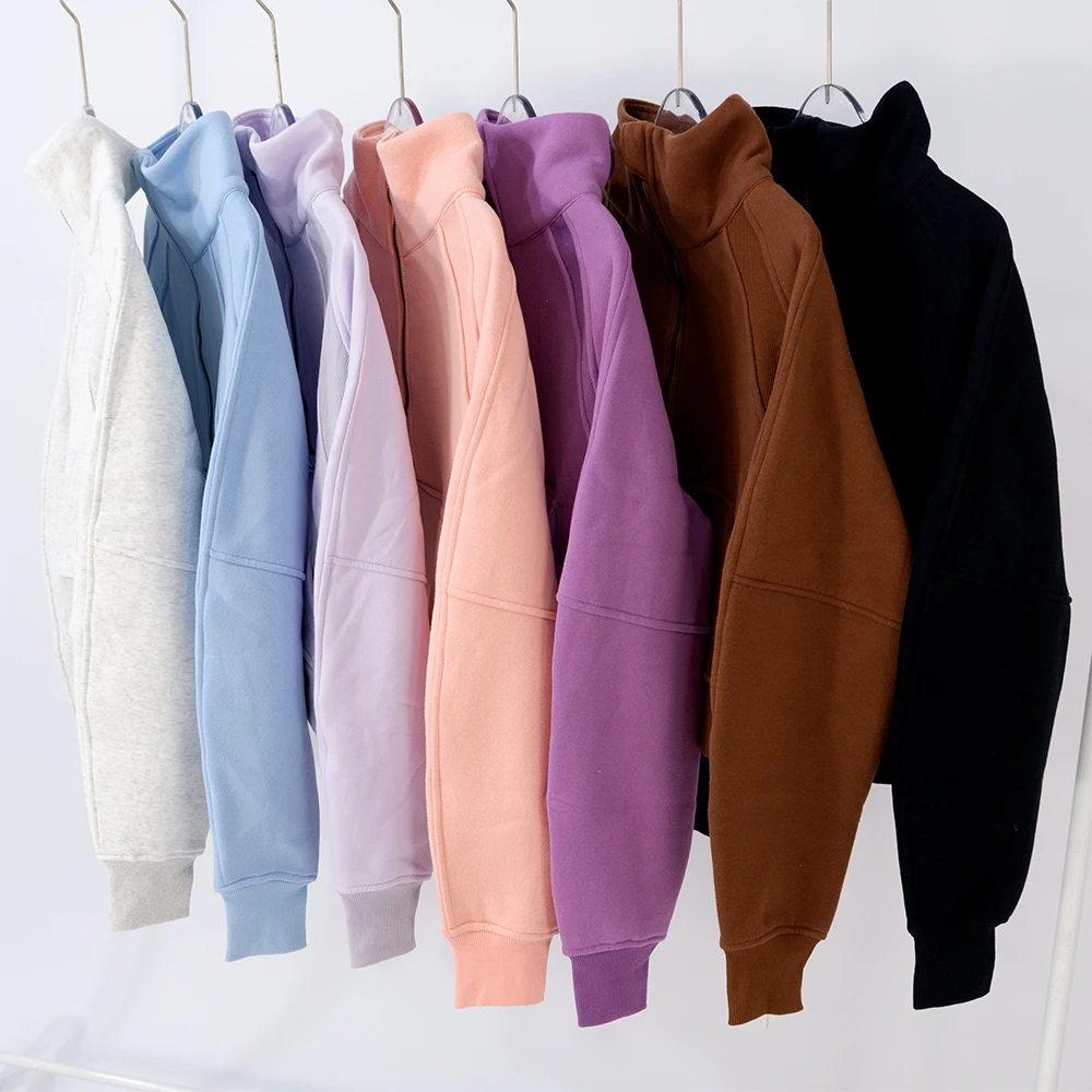 Nylon autumn and winter new women's hoodie sports semi zippered stand up collar plush outdoor running warm jacket loose