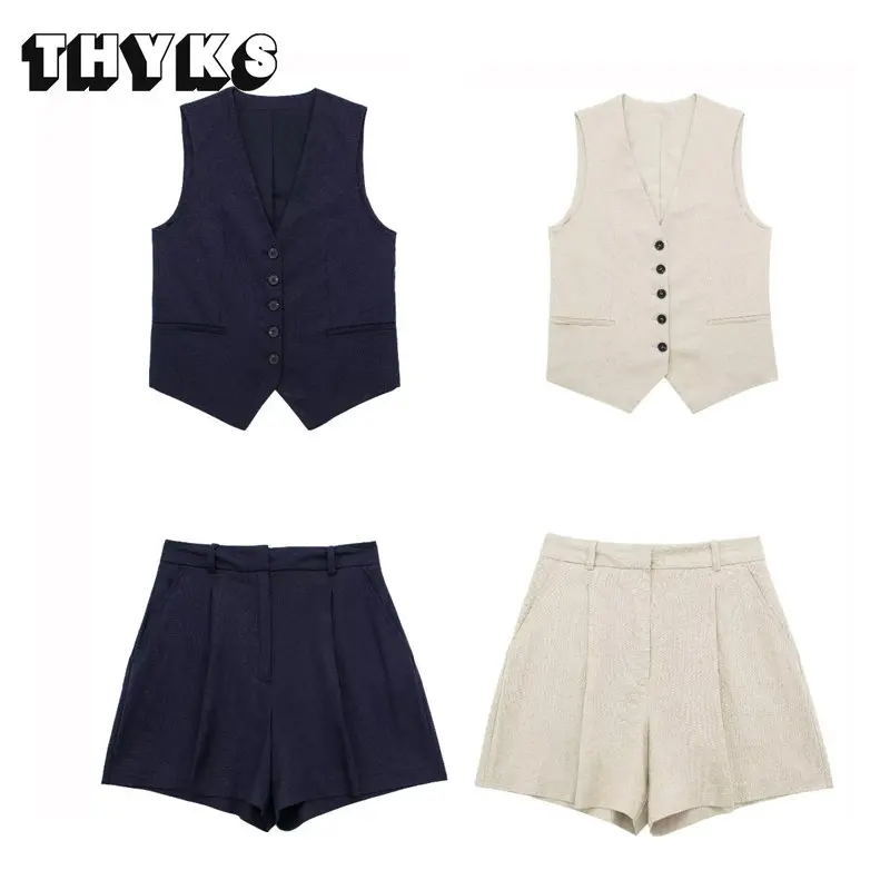 

Summer Two Piece Women Cotton Linen Single Breasted V-neck Vest Mid Waist Shorts Suit Leisure Commuting Office Lady Set