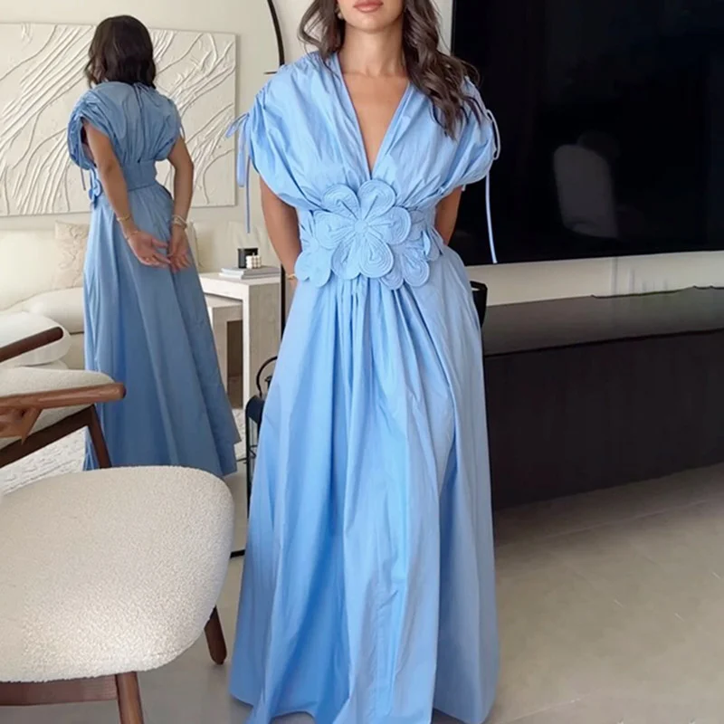 

Women Elegant 3d Flower Solid Pleated Long Dress V Neck Backless Short Sleeved Drawstring Lace Up Robes Lady Vacation Dress