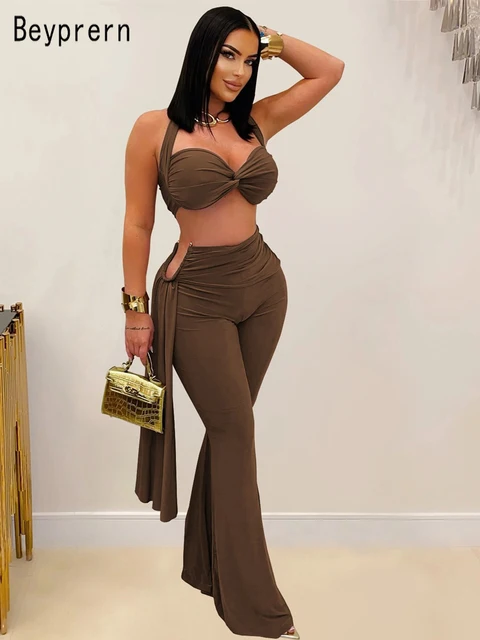 Beyprern New Chic Twist Front Crop Top And Long Straps Wide Legs Pants Set Womens Ruched Metal Tracksuits Set Night Out Overalls 1