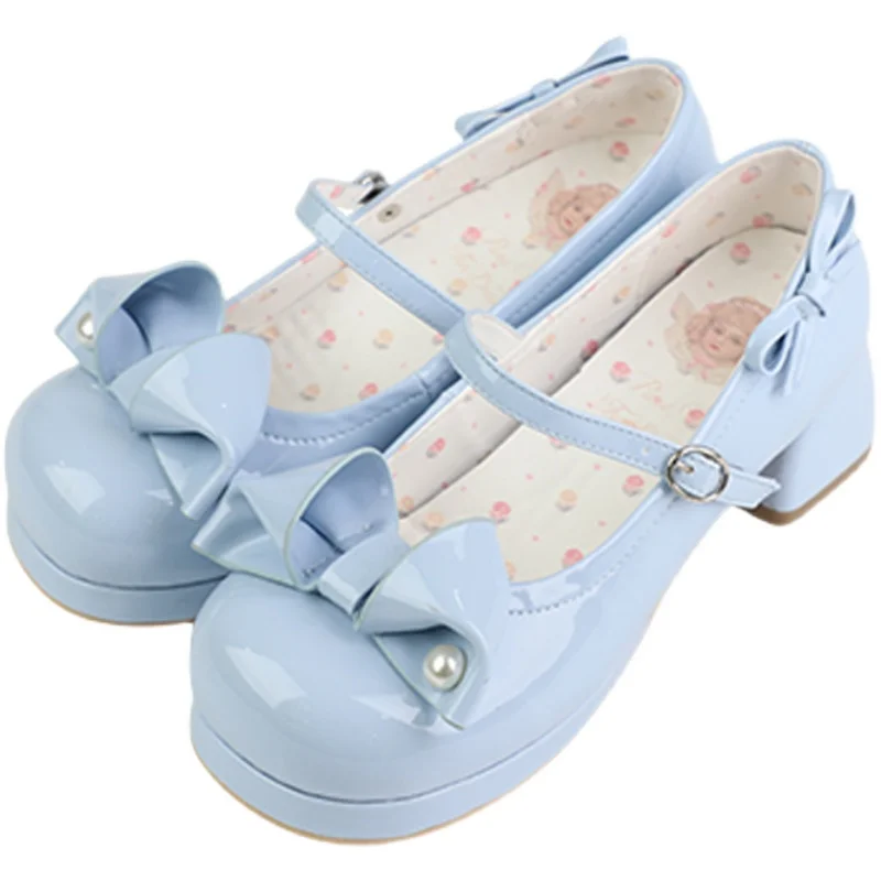 Sweet Cute Women Solid Color Round Toe High Heels Fashion Elegant Bowknot Mary Jane Ankle-Strap Buckle High Heels for Ladies