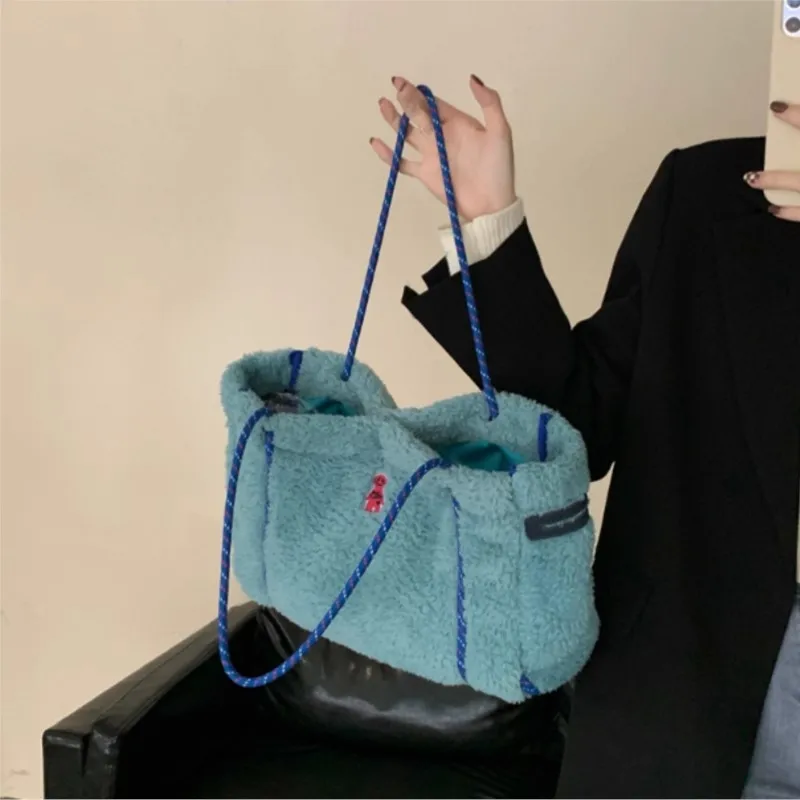 Cute Color Block Faux Shearling Tote Bag Women Plush Large Capacity Panel Shoulder Bags Ladies Cartoon Embroidered Underarm Bag