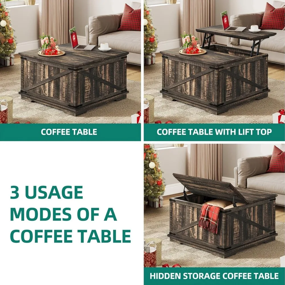 Farmhouse Lift Top Coffee Table,  Square Wood Center Table with Large Hidden Storage Compartment 4