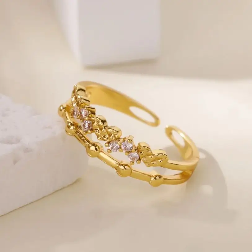 Zircon Heart Bead Rings for Women 18K Gold Plated Stainless Steel Geometric Ring