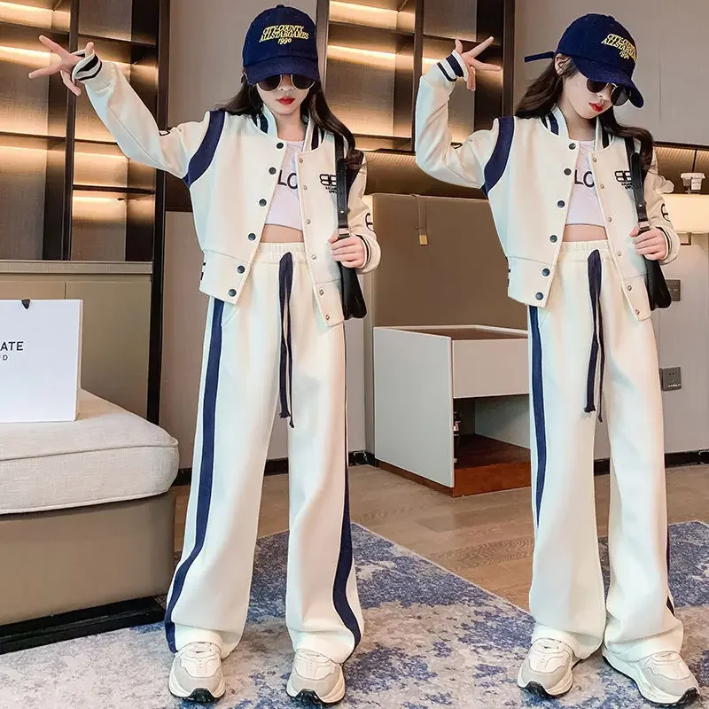 용수철 가을 컬렉션 소녀 캐주얼 한국 스타일 벨 하의, 프레피 스타일 어린이 세트 의류, 야구 유니폼, 2023 신상