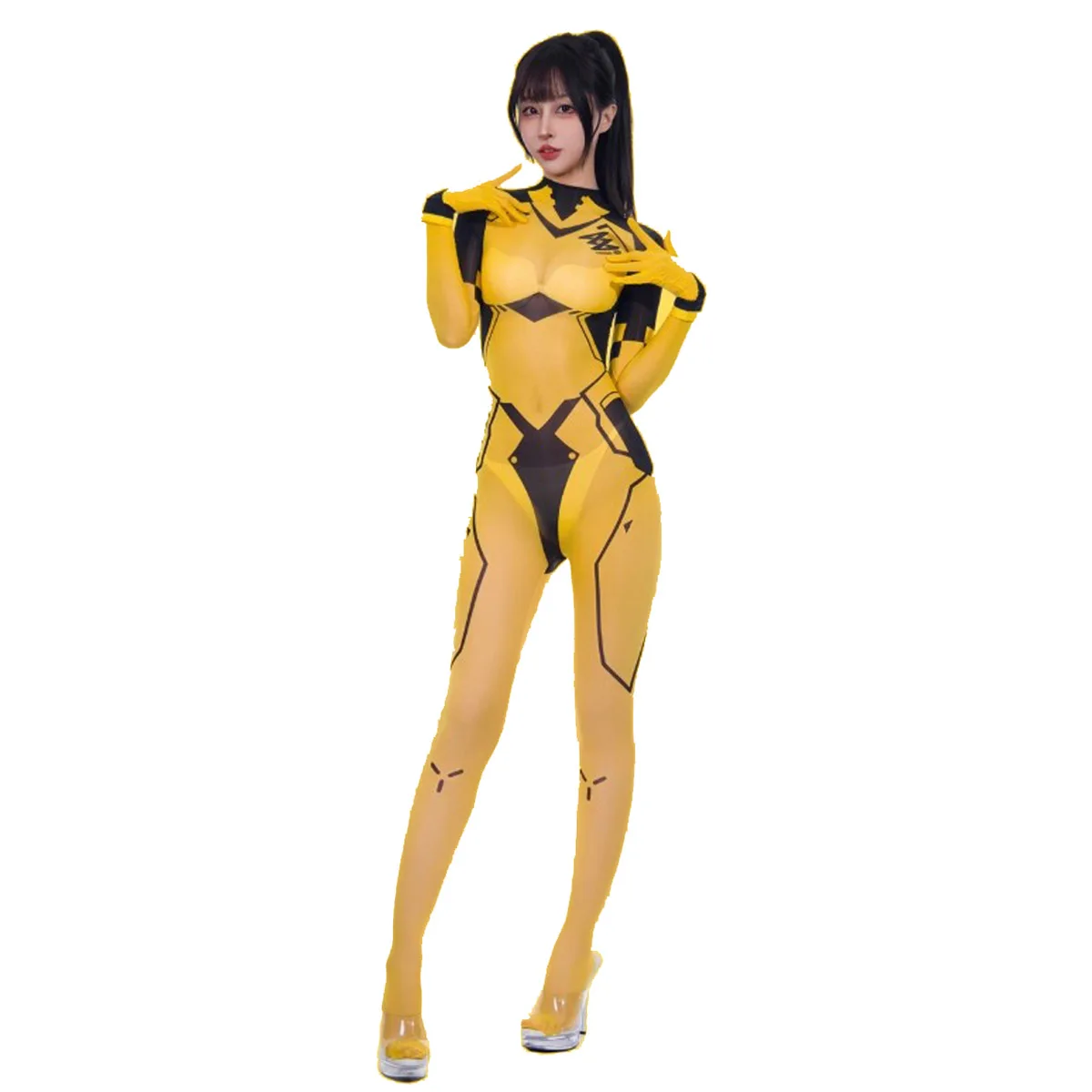 Women Printing Series Ultrathin Stretch Transparency Longsleeve Back Zipper With Gloves Jumpsuit Bodysuit Overalls Catsuit Party 3