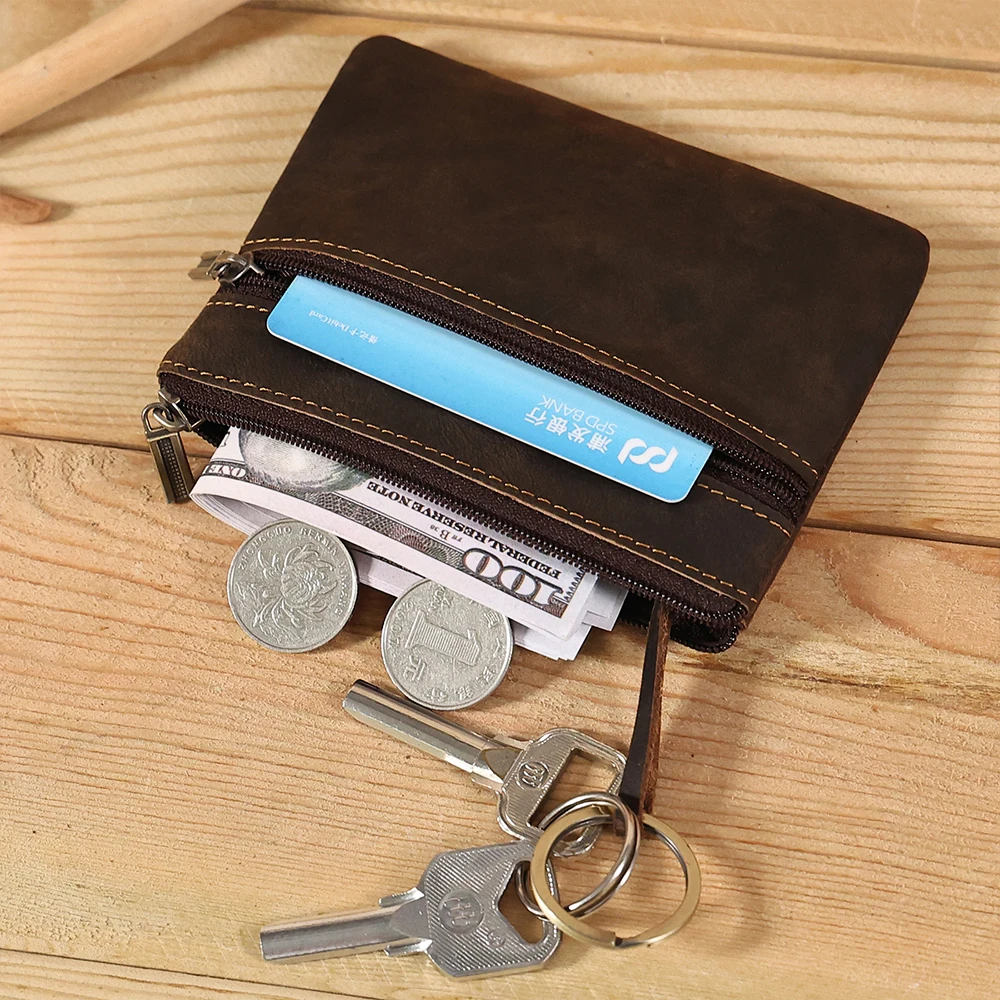 Vintage Crazy Horse Leather Men Coin Purse Genuine Leather Zipper Coin Wallet Retro Key Holder Small Money Bag Clutch Bag Short coin purse coin wallet change bag