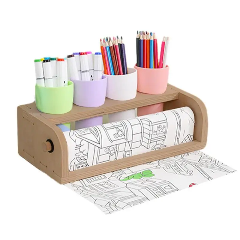 Wooden Holder Tabletop Paper Roll Dispenser 4 Hole Kids DIY Painting Drawing Tool Parchment Dispenser for DIY Art Painting
