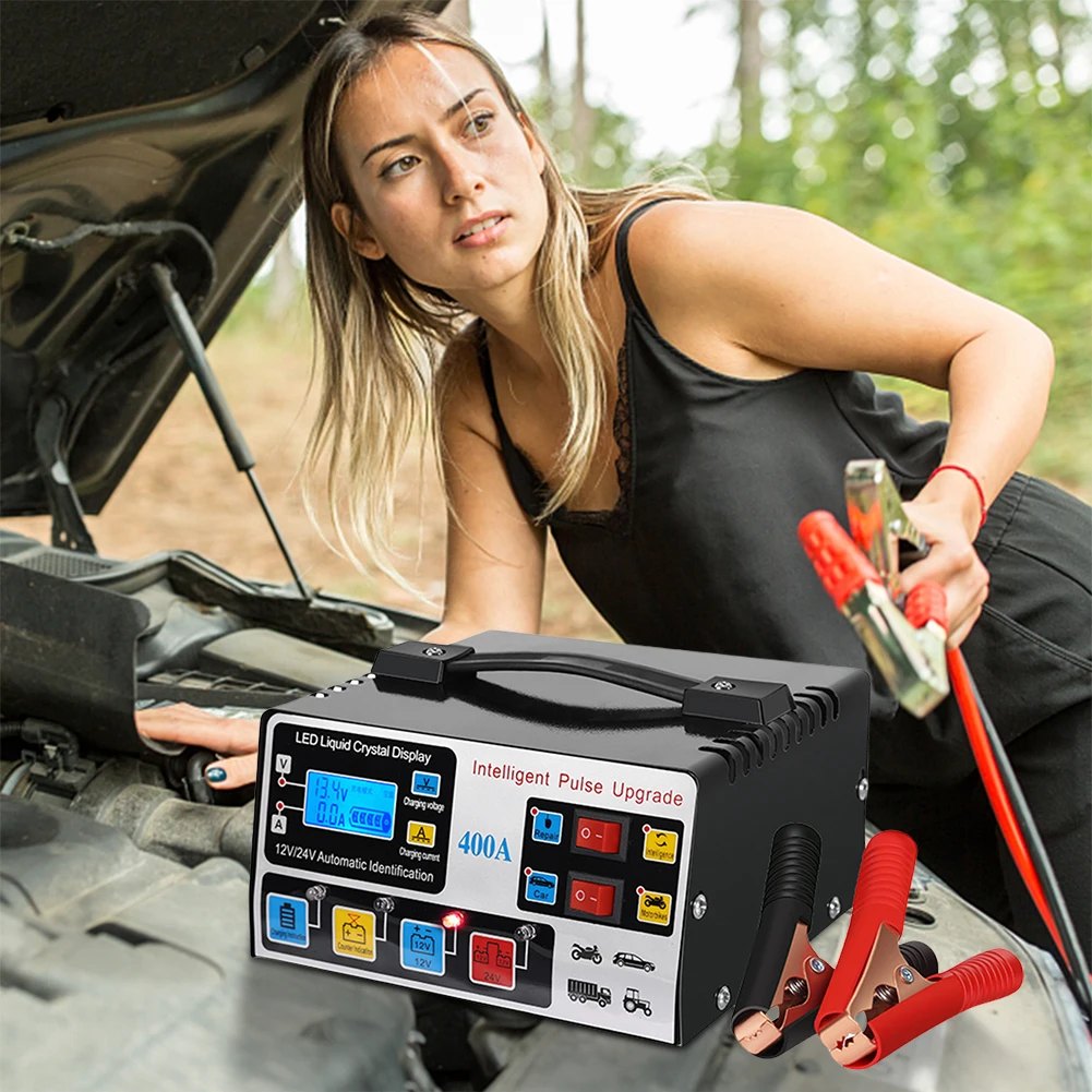 400A Heavy Duty Smart Battery Charger Five-Stage Car Battery Charger Intelligent Pulse Repair Charger Self-Stop Battery Charger