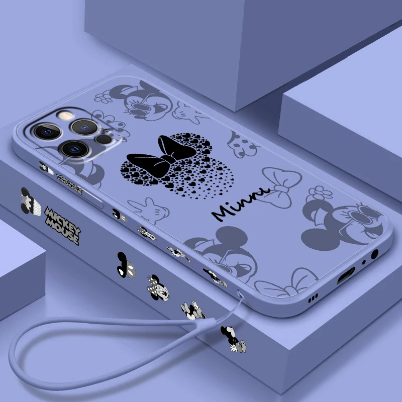 

Disney Minnie Mickey Hot Art Liquid Left Rope For Apple iPhone 15 14 13 12 11 XS XR X 8 7 SE Pro Ultra Max Plus Mini Phone Case