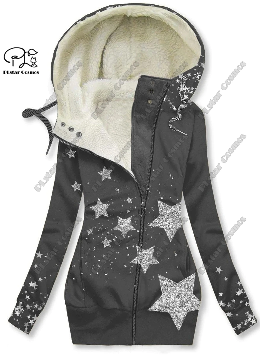 New 3D printed flower series flower skull pattern velvet warm women's long zipper hoodie jacket commuting casual winter H-4