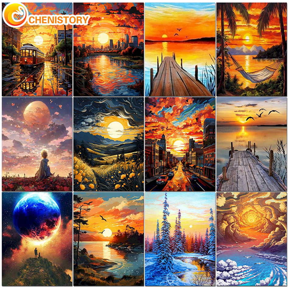 CHENISTORY Painting by numbers For Adults Sunset Landscape Drawing On Canvas Gift DIY Pictures By Number Kits Home and decoratio