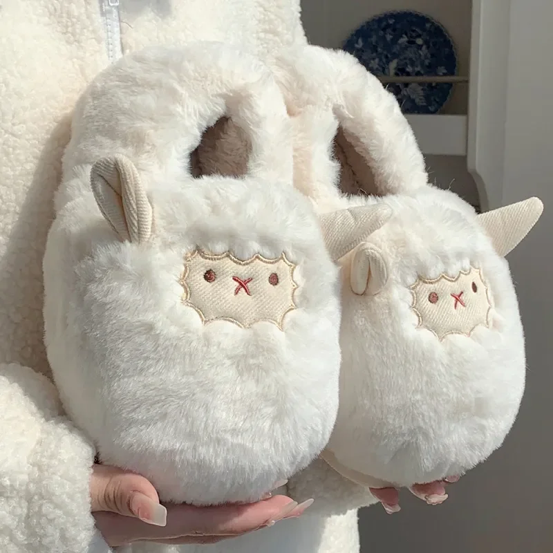 

Women Winter New Cartoon Thick Plush Slippers Female Bedroom Soft Cozy Warm Fluffy Home Shoes Comwarm Cute Lamb Furry Slippers