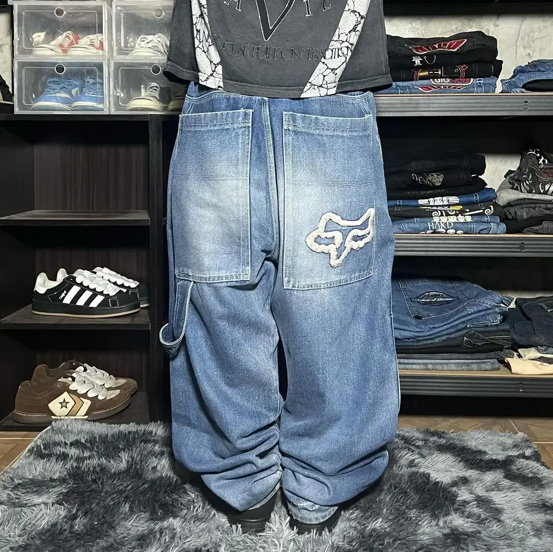 

Y2K New Raw Edge Embroidered Baggy Jeans Vintage Wash Blue Wide-Leg Pants Men's Women's Harajuku Hip Hop High Waist Loose Pants