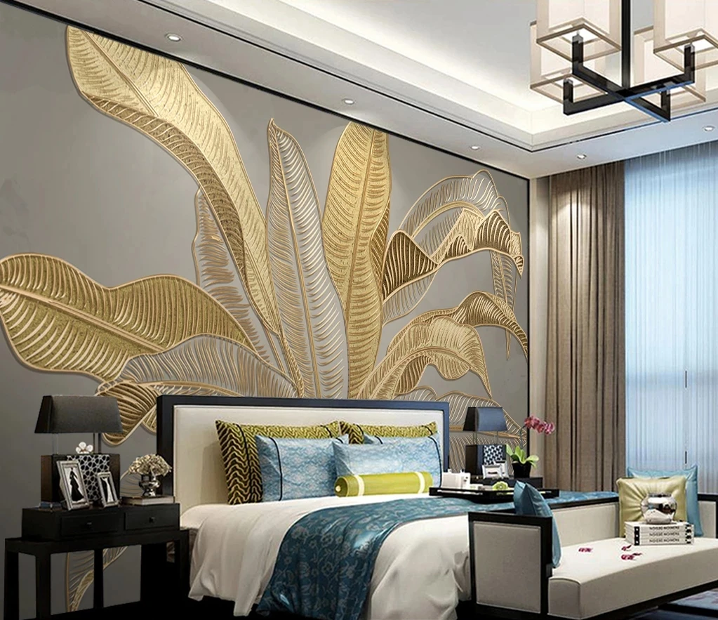 Light Luxury Custom Papel De Parede 3D Gold Line Banana Leaf wallpaper Living Room Home Decor Mural Papel Mural House Decoration