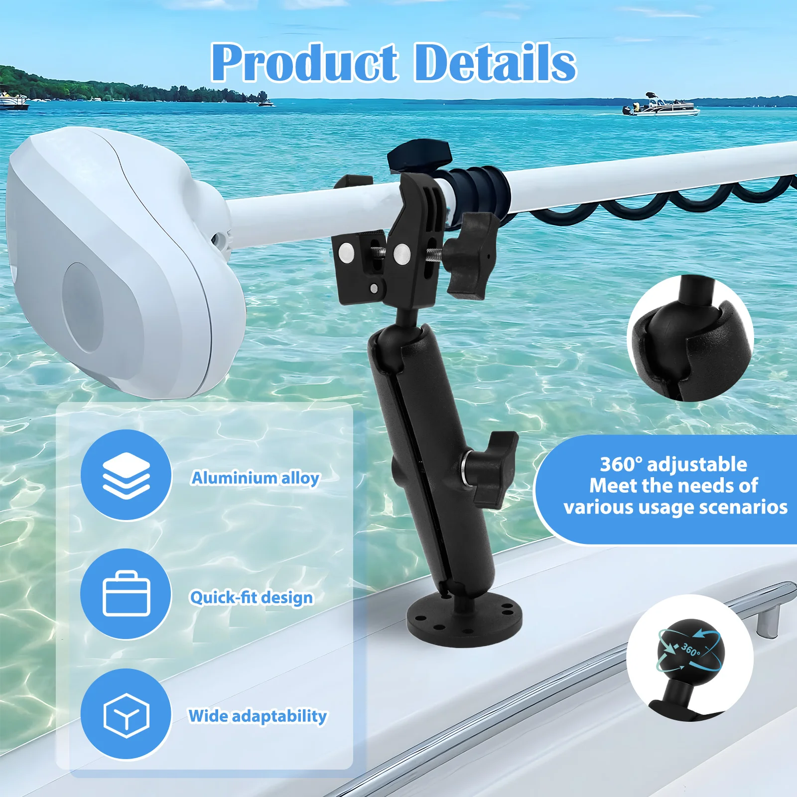 Aluminum Alloy Black Trolling Motor Stabilizer Mount Support Clamp