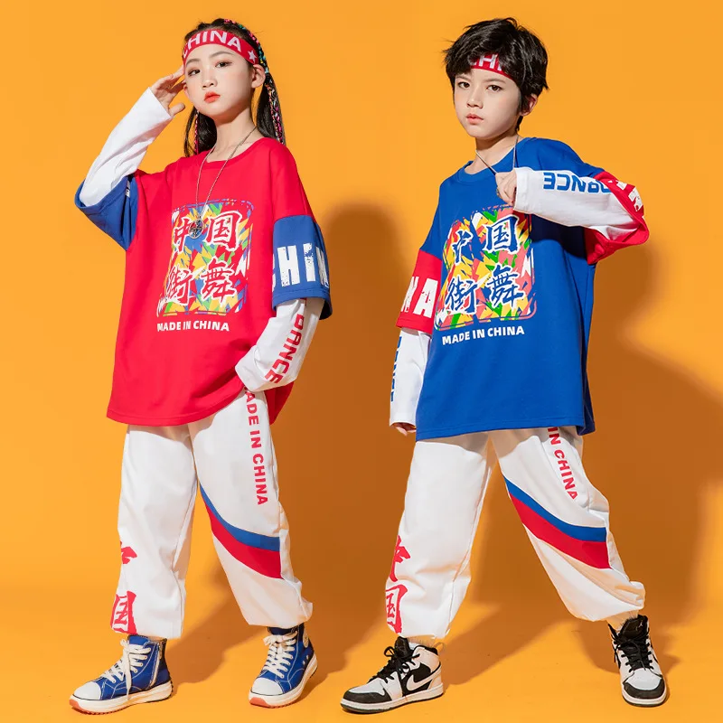 

Fake Two Patchwork Sweatshirt Suit Boy Hip-Hop Performance Clothes Teen Kid Jazz Dance Costume Outfit Girl Stage Show Streetwear
