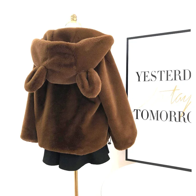 2023 Winter New Cute Fashion Hooded Big Ears Lamb Wool Mid-Length Coat Female Loose Warm Sweet Student Elegant Faux Fur Jacket