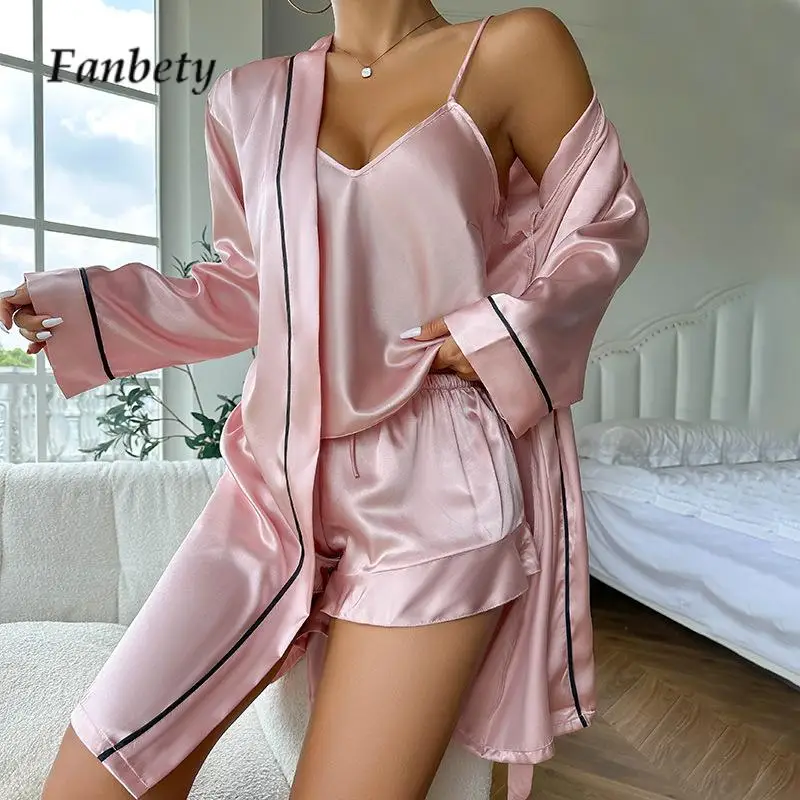 

Fashion Cardigan + Sling Vest + Shorts Set Sexy Women Ice Silk Home Pajamas Three Pieces Set Casual Ladies Solid Color Homewear