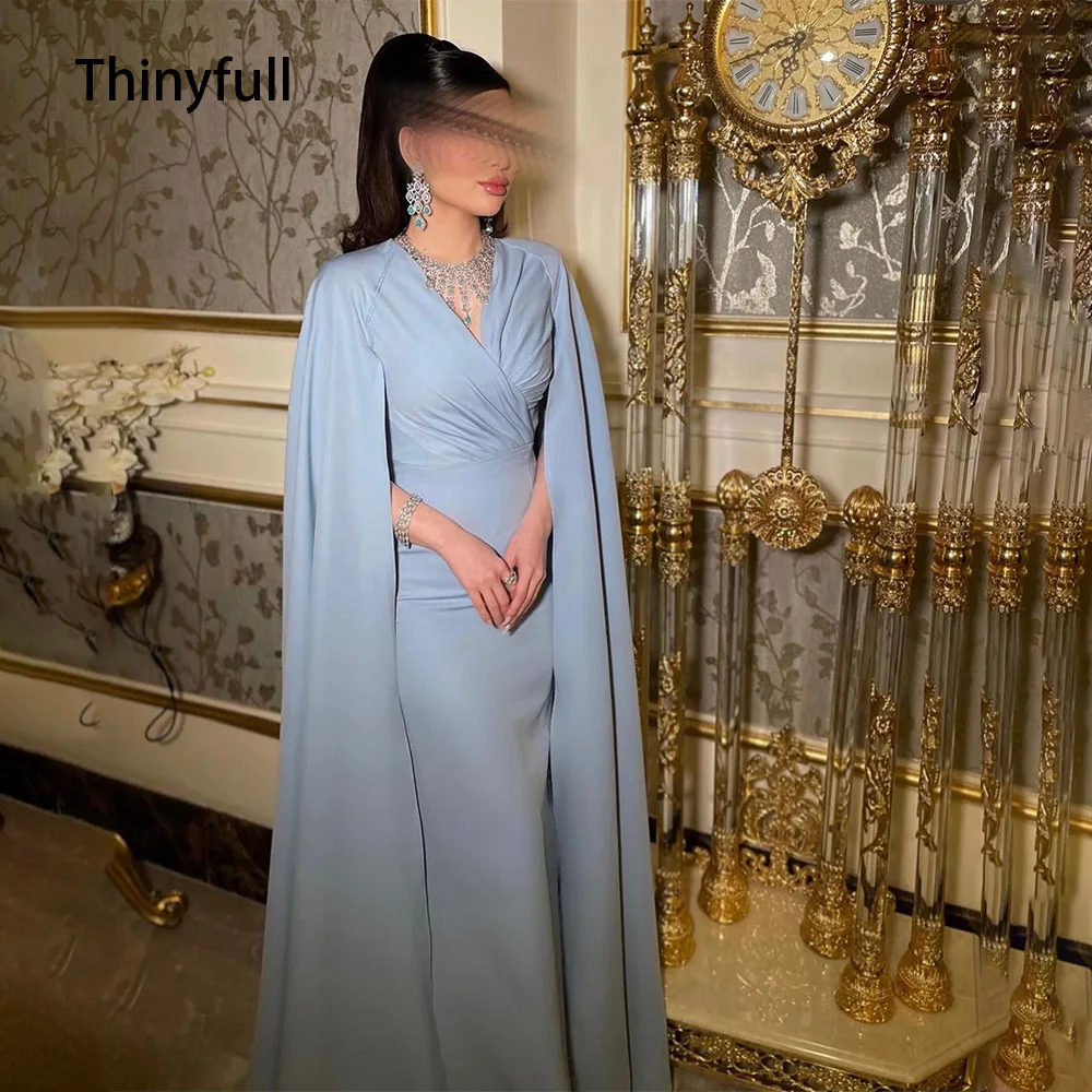 

Thinyfull Blue Saudi Arabia Mermaid Evening Party Dress Stain Pleat Cape Prom Gowns Dubai Formal Occasion Dress Events Dress