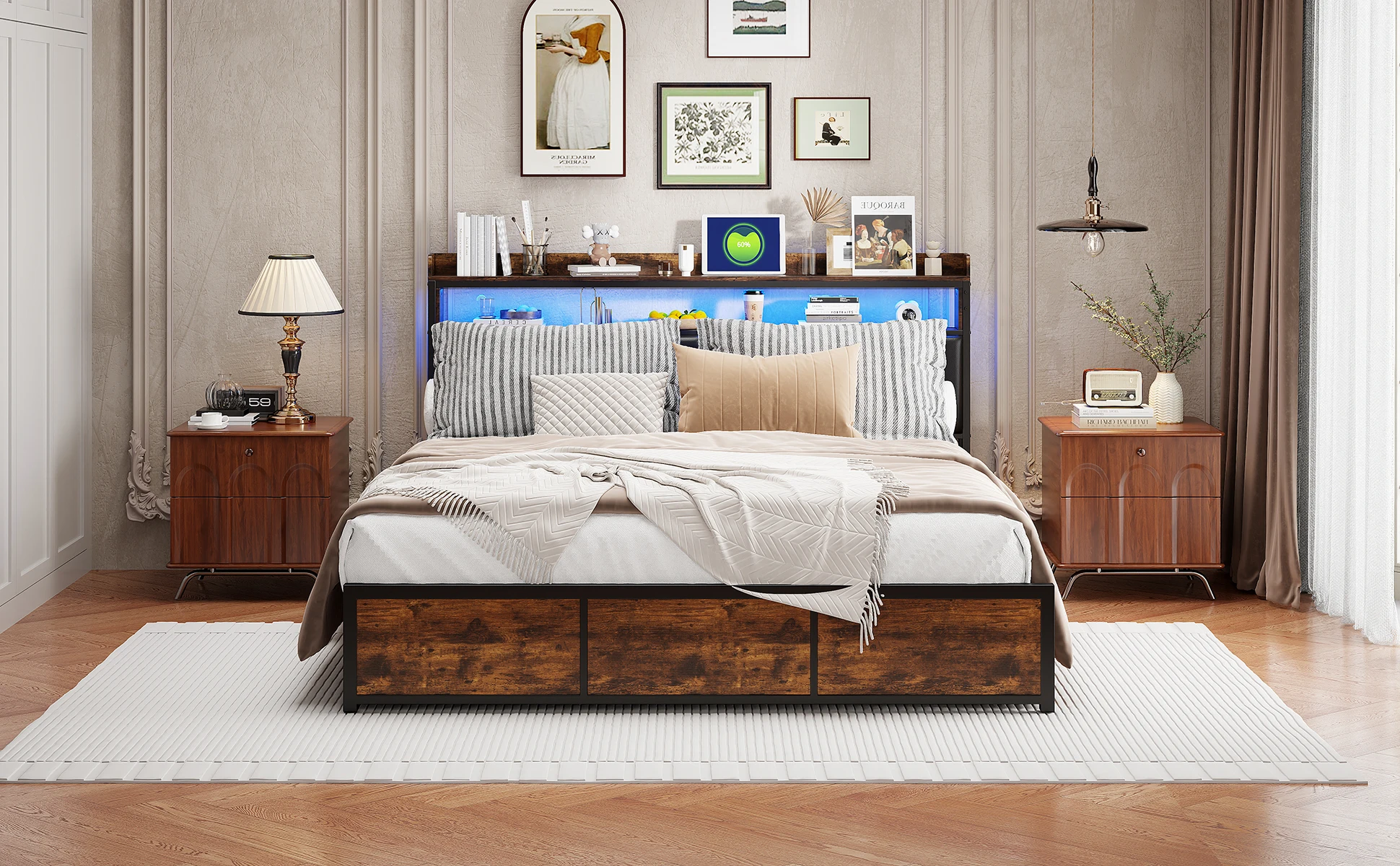 Rosahqnda Gepolstertes Doppelbett mit LED und 4 Schubladen, 140–160–180 x 200 cm, Bett mit Stauraum, Teenagerbett, PU-Kopfteil, Eisenrahmenbett, Schwarz – Detail 7