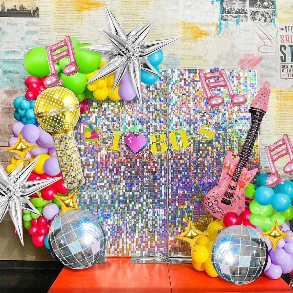 Guitar & Disco Balloon Set - 6pcs Silver Star & 4D Balloons For Music Theme Parties