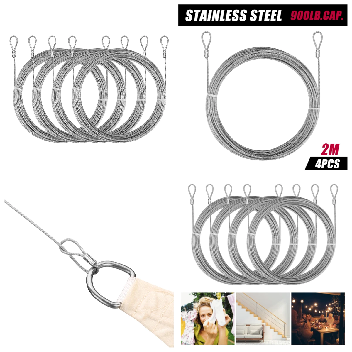 Stainless Steel Shade Sail Wire Kit Plant Training Garden Wire Rope Kit for Sun Shelter 2mm Stainless Steel Canopy Hanging Ropes sun shade hardware kit