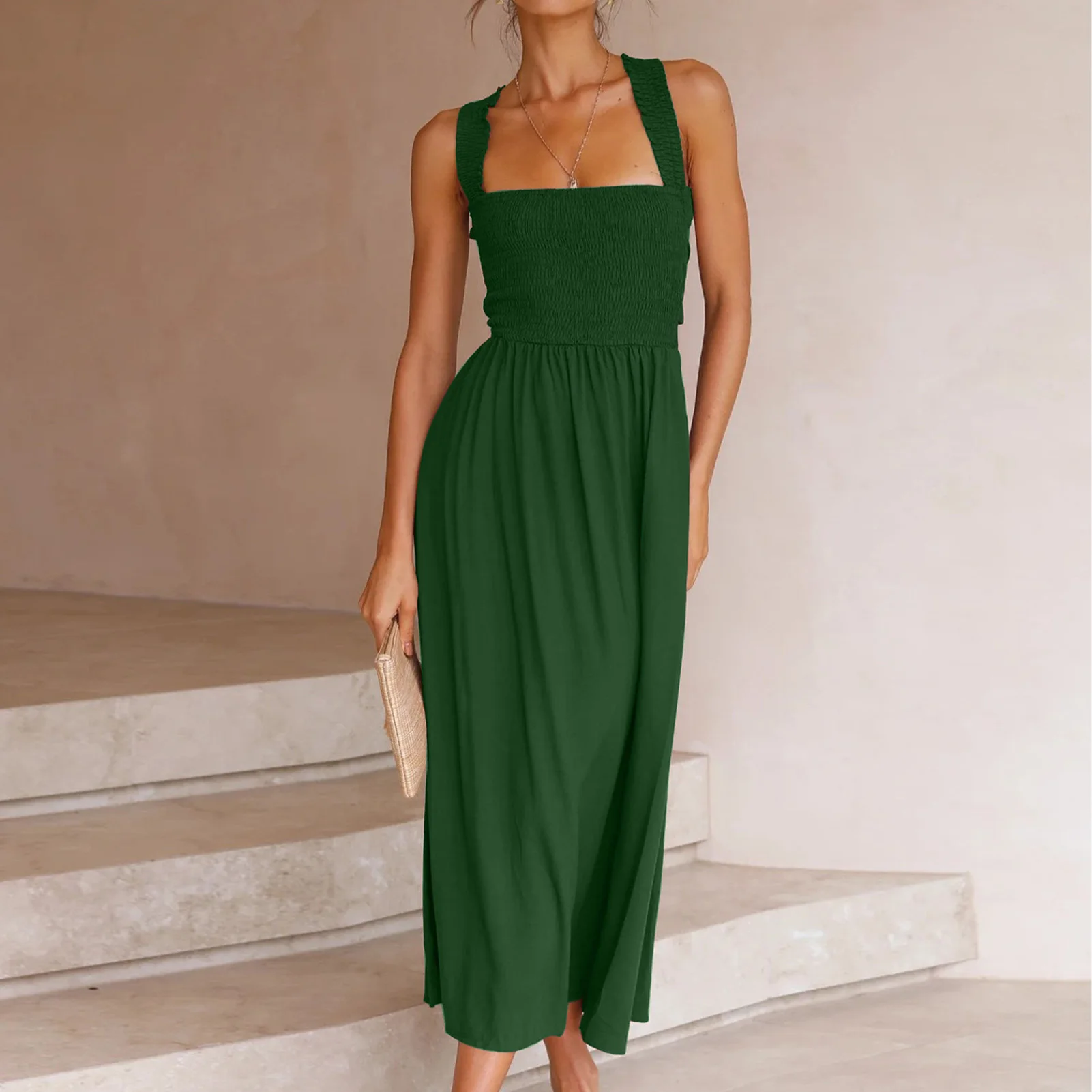 

Ladies Backless Maxi Dress Off Shoulder Criss Cross Open Back Summer Dresses Sexy High Side Slit Trendy Tank Dress